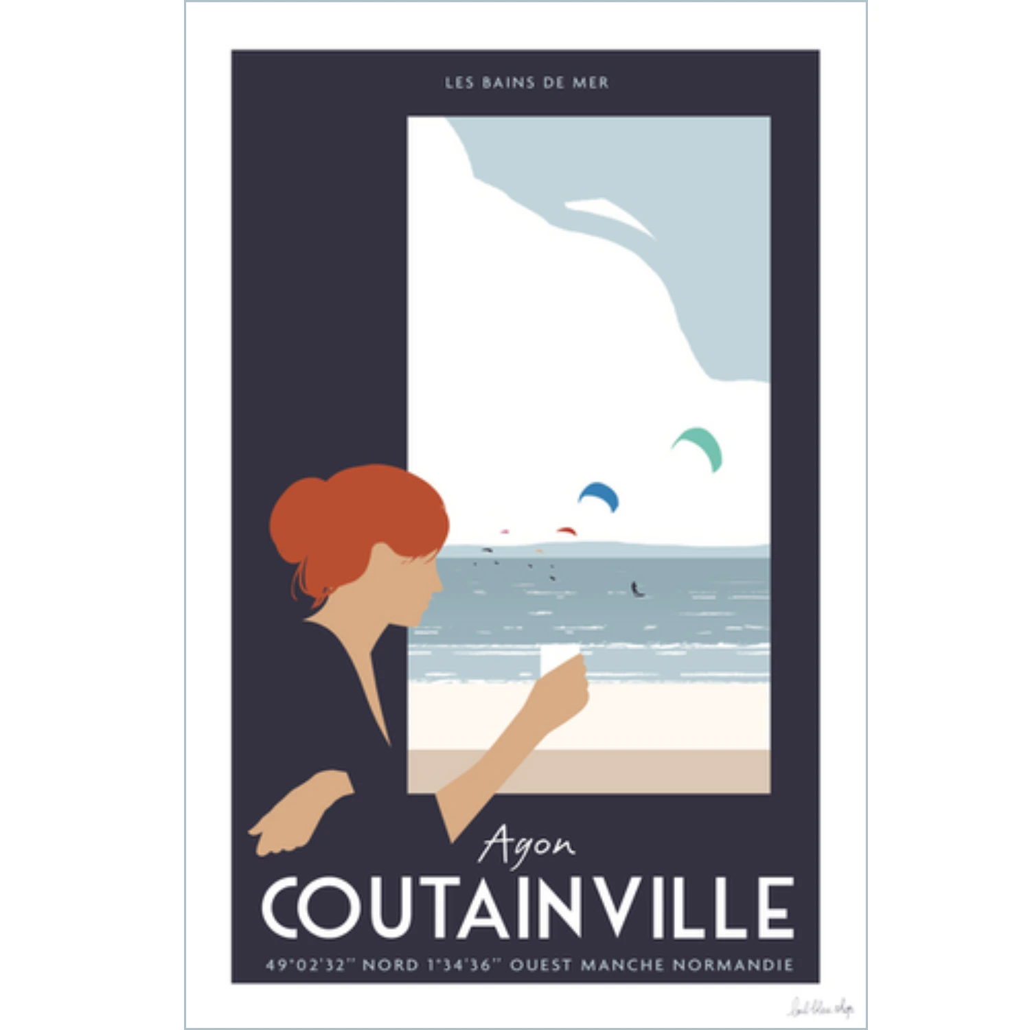 Affiche Agon Coutainville L'oeil Bleu Manche Normandie Normandy idée cadeau décoration Clémence souvenir souvenirs France fabrication française made in France