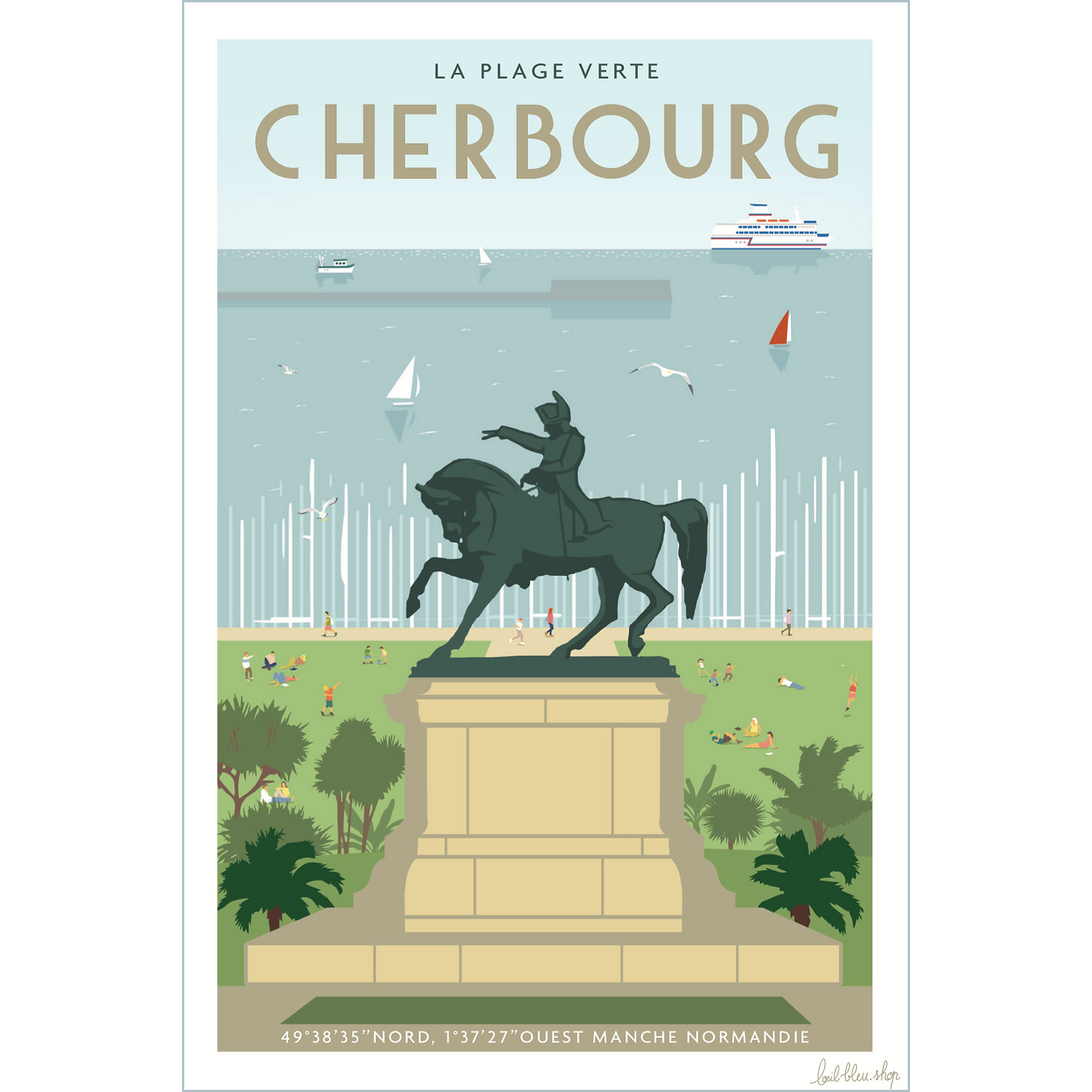 Affiche Cherbourg Souvenirs Normandie Manche l'oeil bleu souvenir agon coutainville idée déco cadeau made in France fabrication française