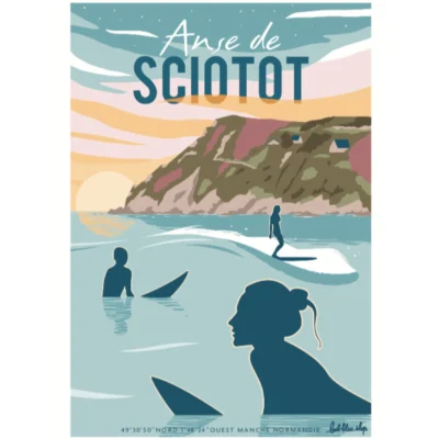 Affiche Sciotot surf Manche Normandie L'oeil bleu SOUVENIRS 100% Made in France déco souvenir souvenirs