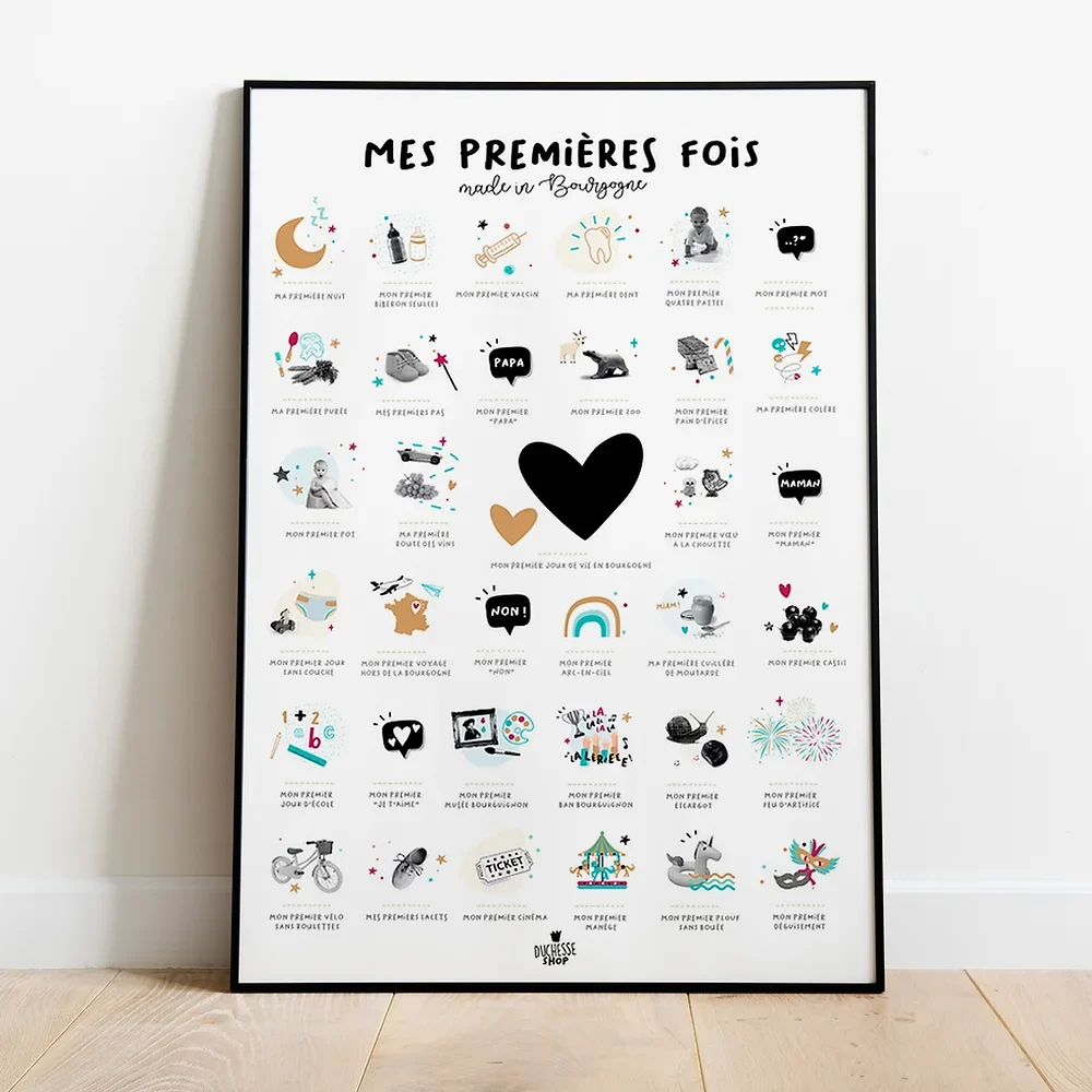 Affiche Mes premières fois naissance région Bourgogne idée cadeau bébé naissance baby shower souvenirs 100% made in France