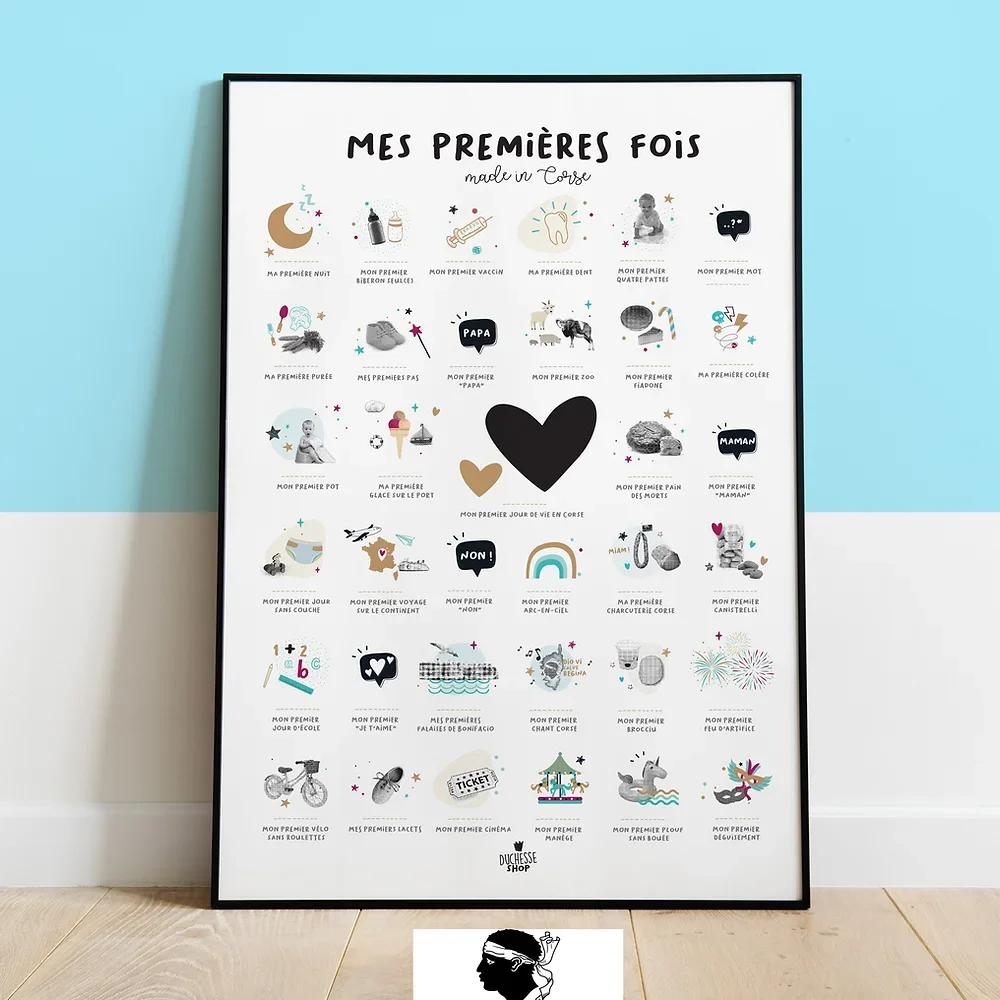 Affiche Mes premières fois naissance région Corse idée cadeau bébé naissance baby shower souvenirs 100% made in France