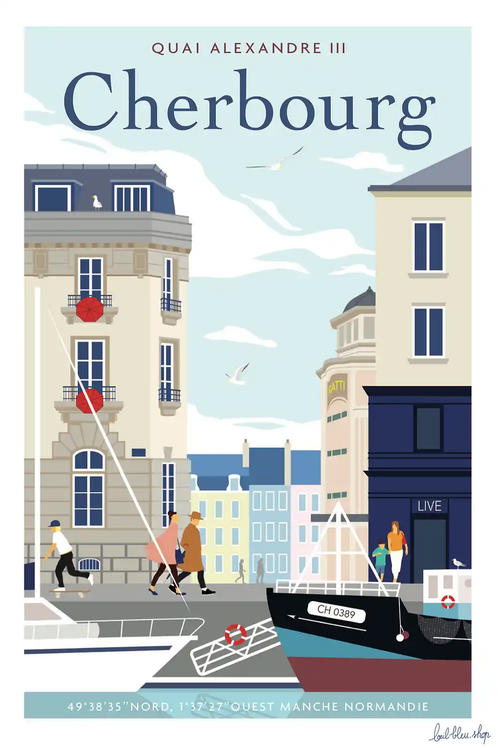 Affiche poster cherbourg manche normandie souvenirs 100% made in france l'oeil bleu idée déco