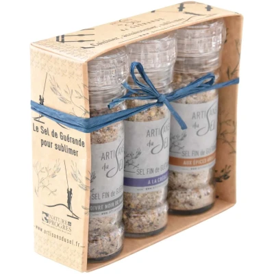 Coffret de moulins 3 sels de Guérande aromatisés (Créole, poivre noir de Madagascar et épices grillées)