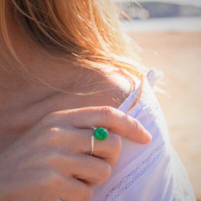 Bague argent vert bouteille loupi verre artisan verrier idée cadeau femme fête des mères noël