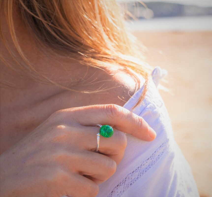 Bague argent vert bouteille loupi verre artisan verrier idée cadeau femme fête des mères noël