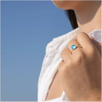 Bague belle île en mer bleu lagon idée cadeau femme fête des mères noël souvenirs 100% made in france loupi verre artisan verrier isabelle dorée or verre