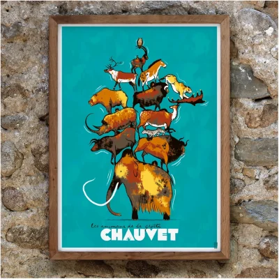 Affiche Les Animaux de la grotte Chauvet Patrimoine mondial de l'UNESCO Ardèche souvenirs 100% made in france idée cadeau déco illustration zéro sept