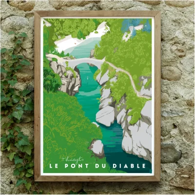 Affiche le pont du diable ardèche thueyts auvergne rhônes alpes idée déco cadeau illustration zéro sept souvenirs 100% made in france
