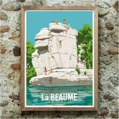 Affiche du Rocher de Peyroche sur La Beaume en Ardèche région auvergne rhône alpes zéro sept illustration plage idée cadeau déco souvenirs 100% made in france