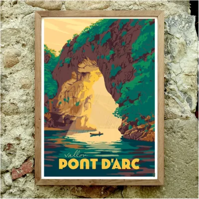Affiche Vallon Pont d'arc en ardèche auvergne rhône alpes souvenir 100% made in france idée déco cadeau illustration zéro sept