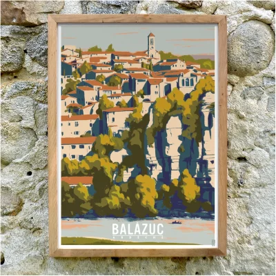 Affiche Balazuc Ardèche zero sept illustrateur village 50x70cm région auvergne rhone alpes idée cadeau déco