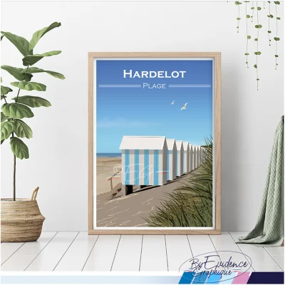 Affiche Hardelot Plage Hauts de France côte d'opale cabanes idée déco cadeau made in france