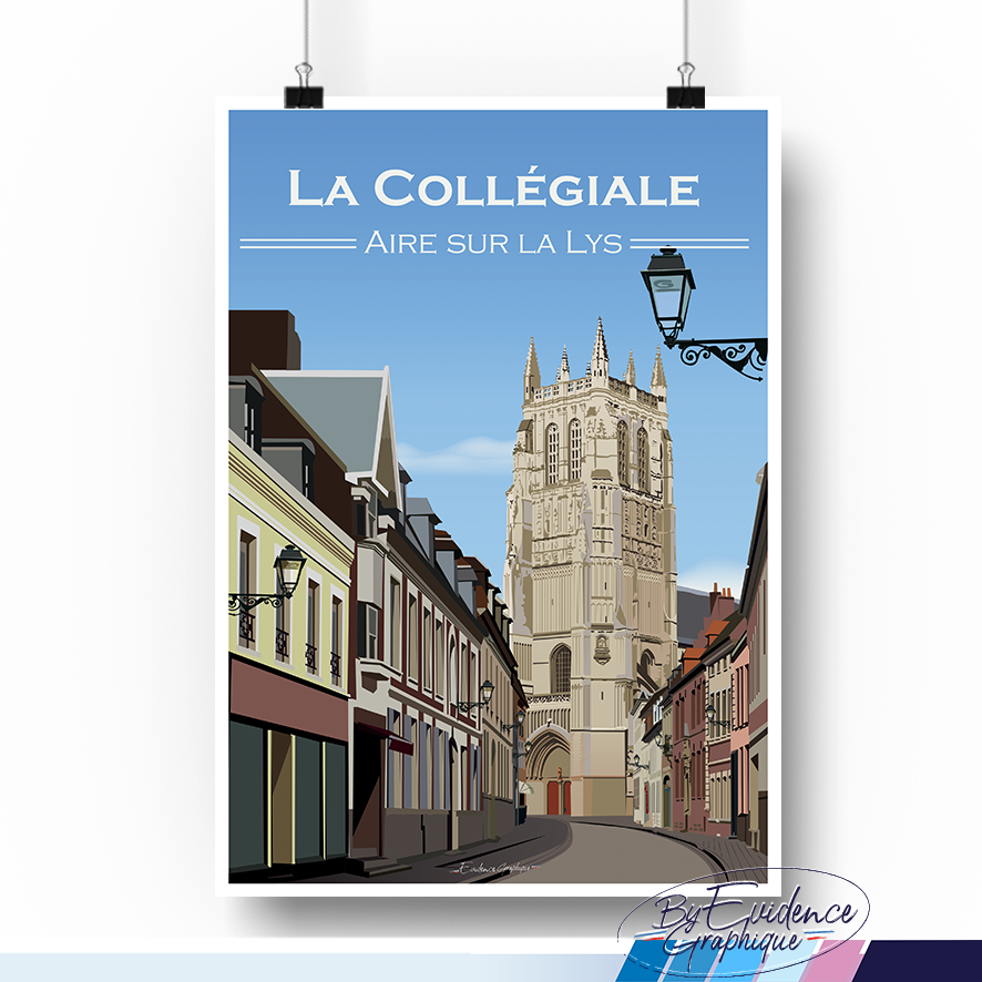 Affiche Aire sur la lys la collégiale évidence graphique idée déco cadeau made in france souvenirs nord