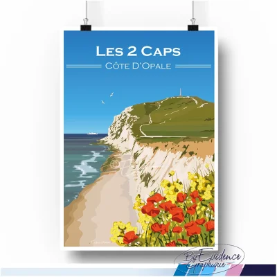 Affiche Les 2 caps côte d'opale hauts de france nord souvenirs made in france idée cadeau déco cadre