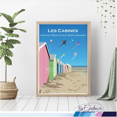 Affiche Berck sur Mer hauts de france souvenirs nord cabanes plage made in france idée déco cadeau évidence graphique