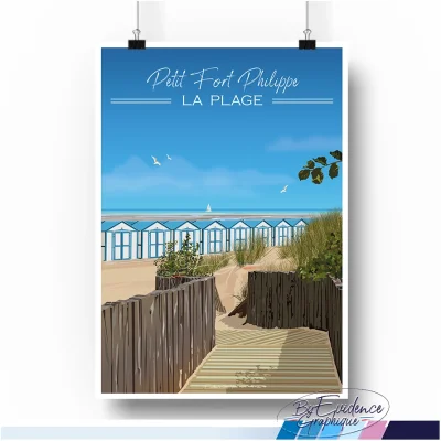 Affiche petit Fort Philippe La Plage cabanes colorées cadre évidence graphique souvenirs 100% made in france idée cadeau déco hauts de france