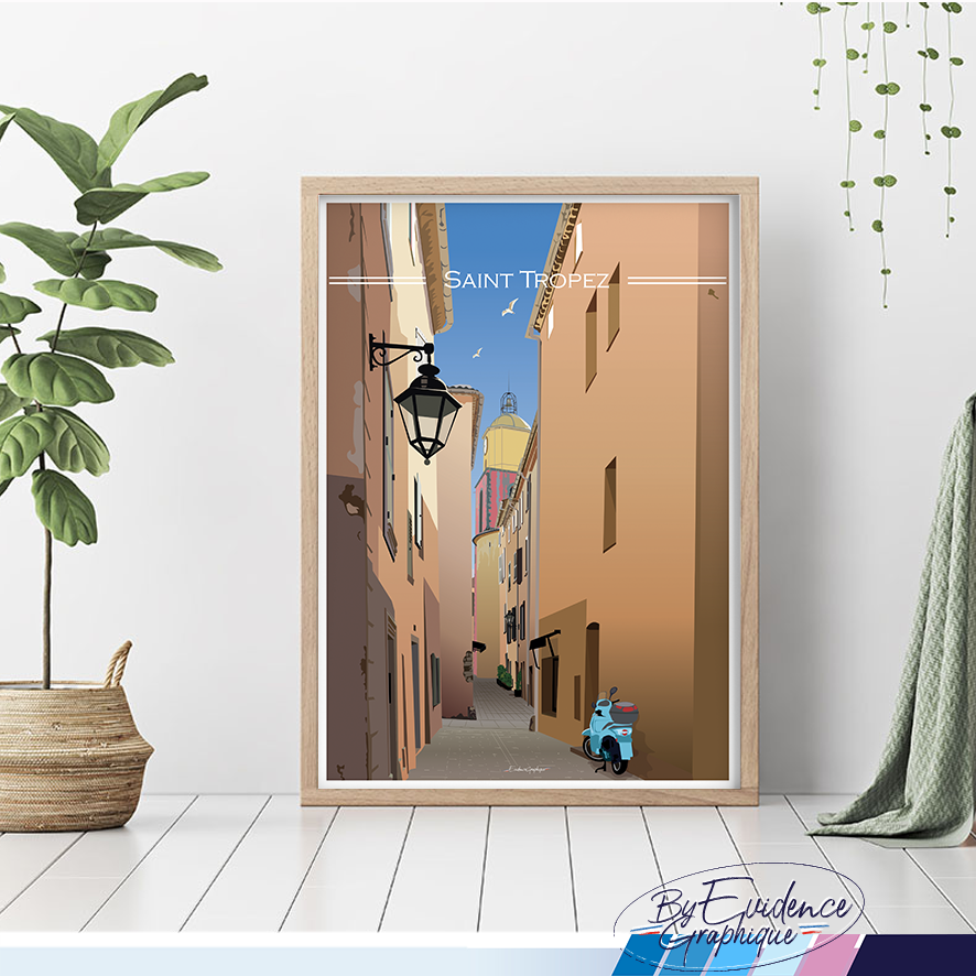 Affiche ruelles saint tropez souvenirs village provence