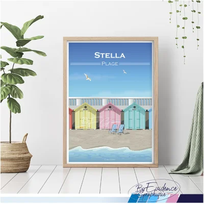 Affiche Stella plage cabines colorées souvenirs 100% made in France hauts de france idée cadeau déco cadre