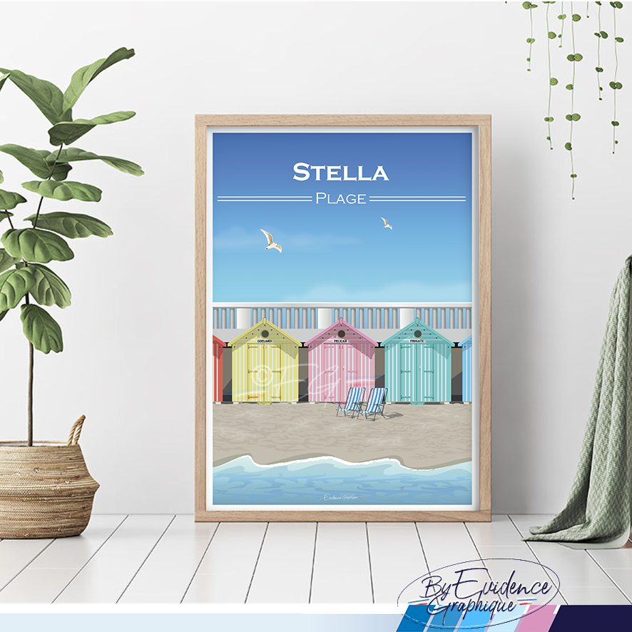 Affiche Stella plage cabines colorées souvenirs 100% made in France hauts de france idée cadeau déco cadre
