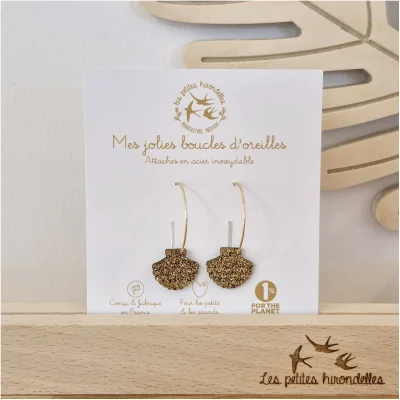 Boucles d'oreilles créoles coquillages bord de mer argentées dorées bleu multicolore paillettes pailletées idée cadeau bijoux souvenirs bord de mer 100% made in france