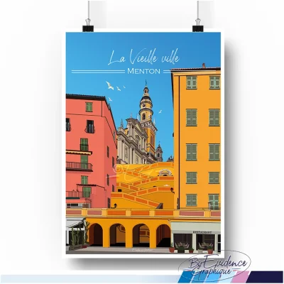Affiche Menton la vieille ville provence alpes côte d'azur idée cadeau décoration souvenirs made in france chaleureux colorée