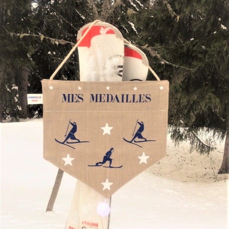 Porte médailles ski lin bleu idée cadeau souvenirs 100% made in france montagne alpes france