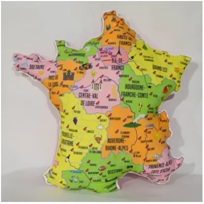 Coussin décoration carte de France vert rose jaune orange idée souvenirs cadeau 100% made in franceCoussin décoration carte de France vert idée souvenirs cadeau 100% made in france idéal apprentissage géographie