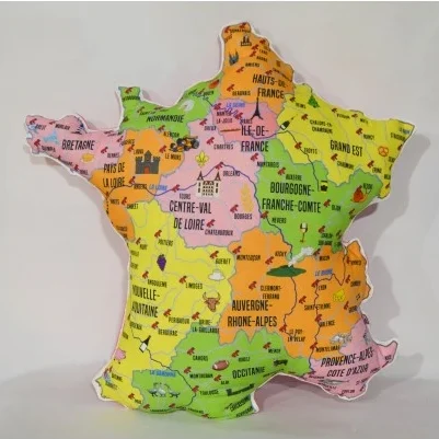 Coussin décoration carte de France vert rose jaune orange idée souvenirs cadeau 100% made in franceCoussin décoration carte de France vert idée souvenirs cadeau 100% made in france idéal apprentissage géographie