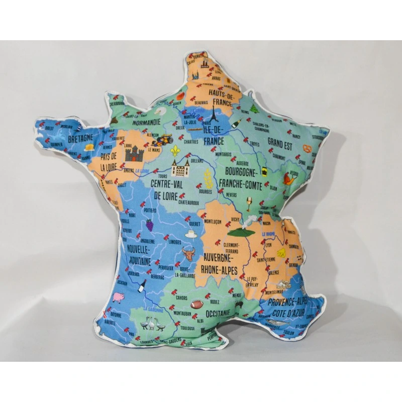 Coussin décoration carte de France bleu idée souvenirs cadeau 100% made in france