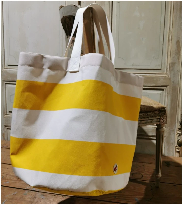 Grand sac plage rayures bleu blanc idée cadeau éthique souvenirs bord de mer 100% made in france idée cadeau