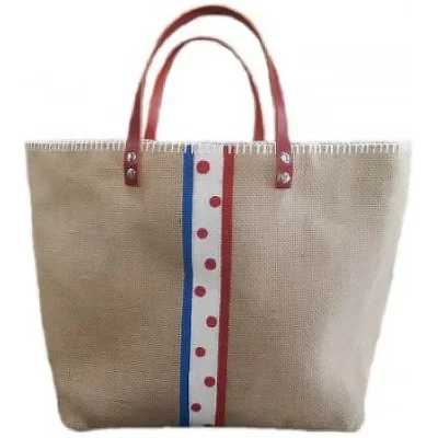 Sac cabas jute pois tour de france idée cadeau femme 100% made in france souvenirs la grenouille rouge normandie bleu blanc rouge sac cabas marché shopping