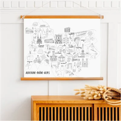 Affiche coloriage nori et blanc Auvergne Rhônes alpes lyon chambéry souvenirs 100% made in France idées cadeaux produits régionaux