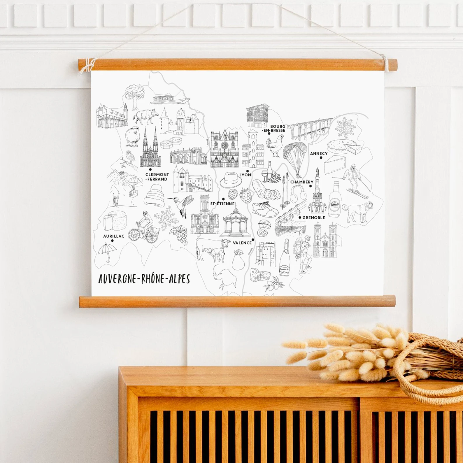 Affiche coloriage nori et blanc Auvergne Rhônes alpes lyon chambéry souvenirs 100% made in France idées cadeaux produits régionaux