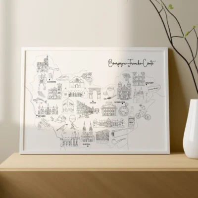 Affiche coloriage noir et blanc Bourgogne Franche Comté souvenirs 100% made in France idées cadeaux produits régionaux