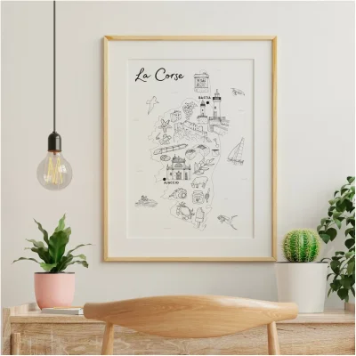Affiche coloriage noir et blanc Corse Ajaccio Bastia Bonifacio souvenirs 100% made in France idées cadeaux produits régionaux