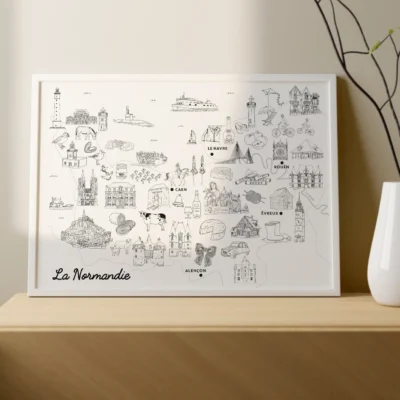 Affiche coloriage noir et blanc Normandie Normandy souvenirs 100% made in France idées cadeaux produits régionaux