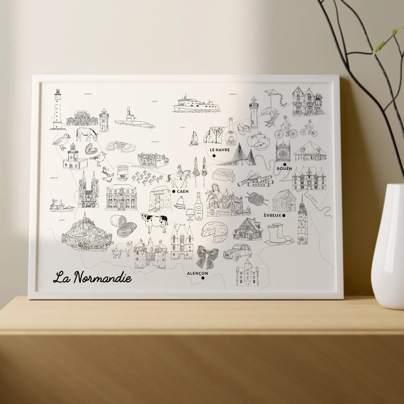 Affiche coloriage noir et blanc Normandie Normandy souvenirs 100% made in France idées cadeaux produits régionaux