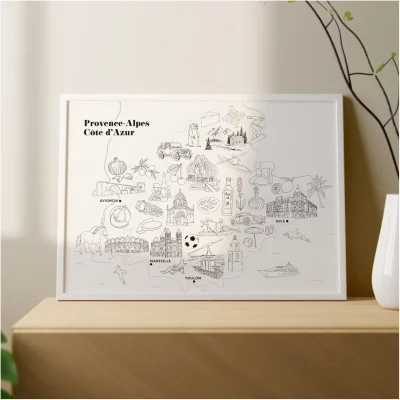 Affiche coloriage noir et blanc Provence Côte d'Azur souvenirs 100% made in France idées cadeaux produits régionaux