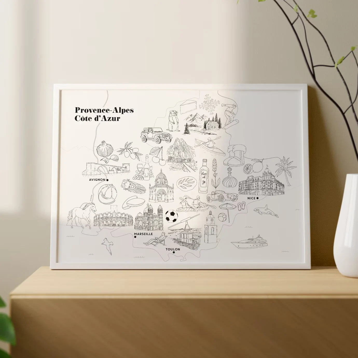 Affiche coloriage noir et blanc Provence Côte d'Azur souvenirs 100% made in France idées cadeaux produits régionaux