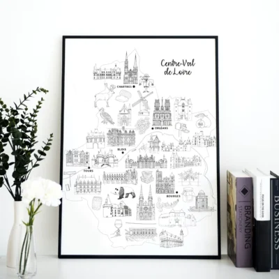Affiche coloriage noir et blanc Centre Val de Loire souvenirs 100% made in France idées cadeaux produits régionaux