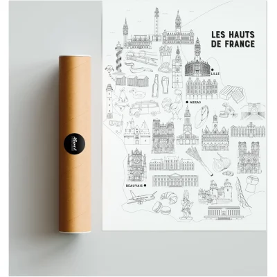 Affiche coloriage noir et blanc Hauts de France Lille Arras Amiens souvenirs 100% made in France idées cadeaux produits régionaux
