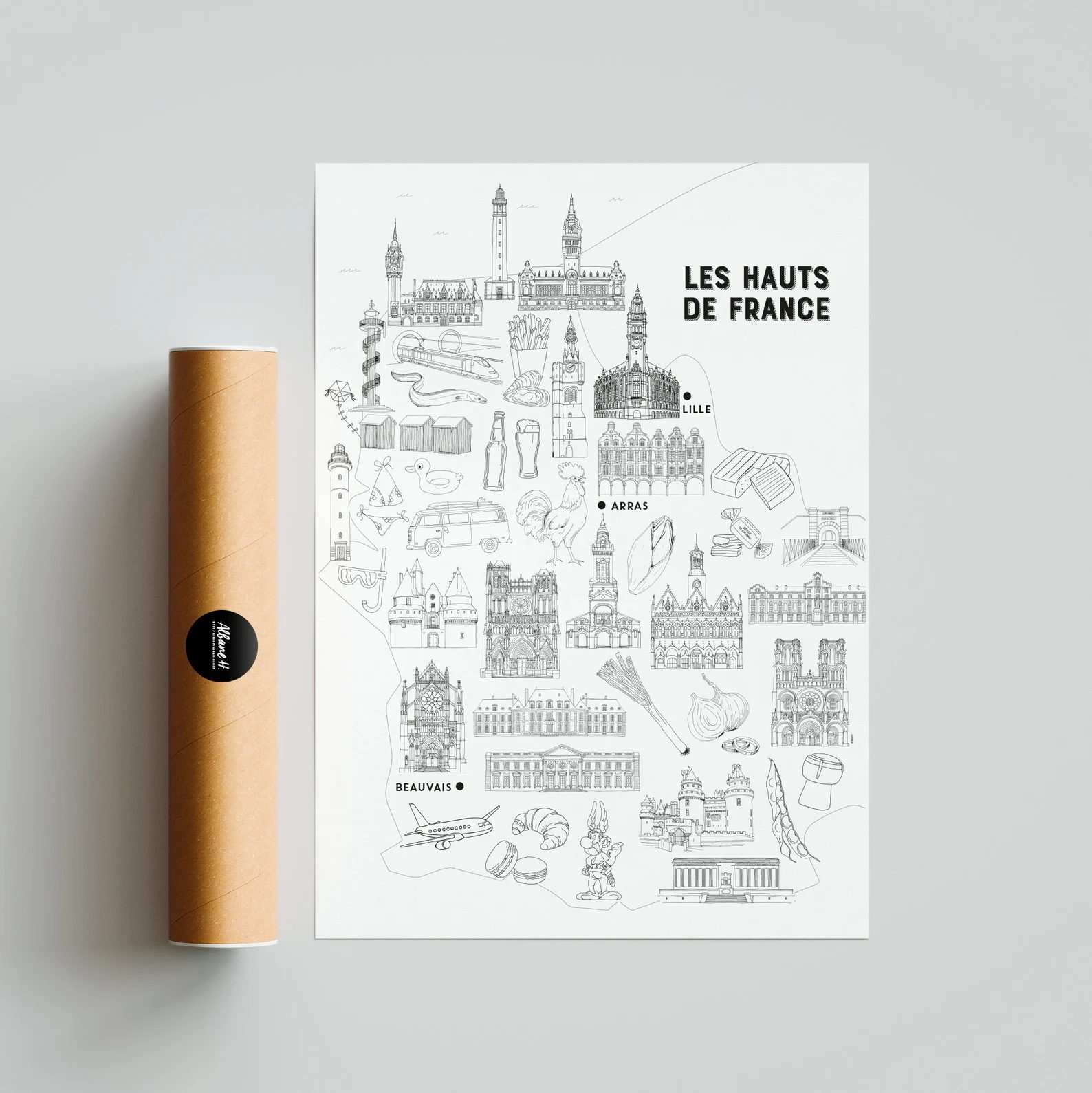 Affiche coloriage noir et blanc Hauts de France Lille Arras Amiens souvenirs 100% made in France idées cadeaux produits régionaux