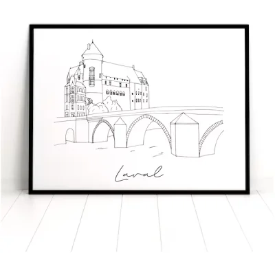 Affiche noir et blanc Laval Mayenne souvenirs 100% made in France idées cadeaux produits régionaux Albane H illustration