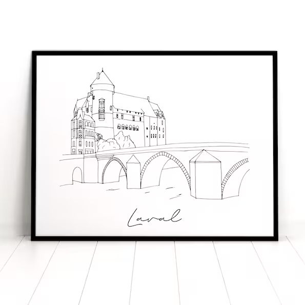 Affiche noir et blanc Laval Mayenne souvenirs 100% made in France idées cadeaux produits régionaux Albane H illustration