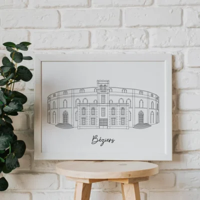 Affiche noir et blanc Béziers Occitanie souvenirs 100% made in France idées cadeaux produits régionaux Albane H illustration