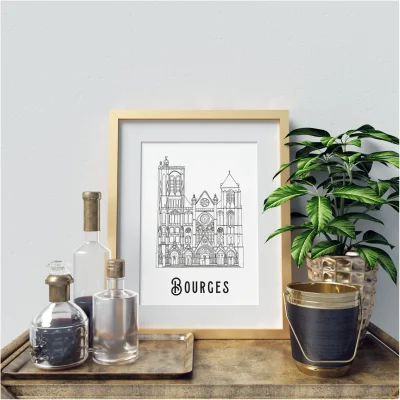 Affiche noir et blanc Bourges Centre Val de Loire souvenirs 100% made in France idées cadeaux produits régionaux Albane H illustration
