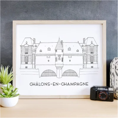 Affiche noir et blanc Châlon en champagne Grand Est souvenirs 100% made in France idées cadeaux produits régionaux Albane H illustration