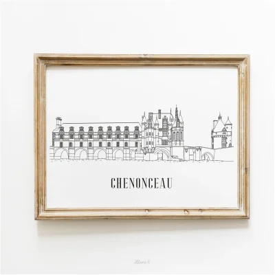 Affiche noir et blanc Chenonceau Centre Val de Loire souvenirs 100% made in France idées cadeaux produits régionaux Albane H illustration