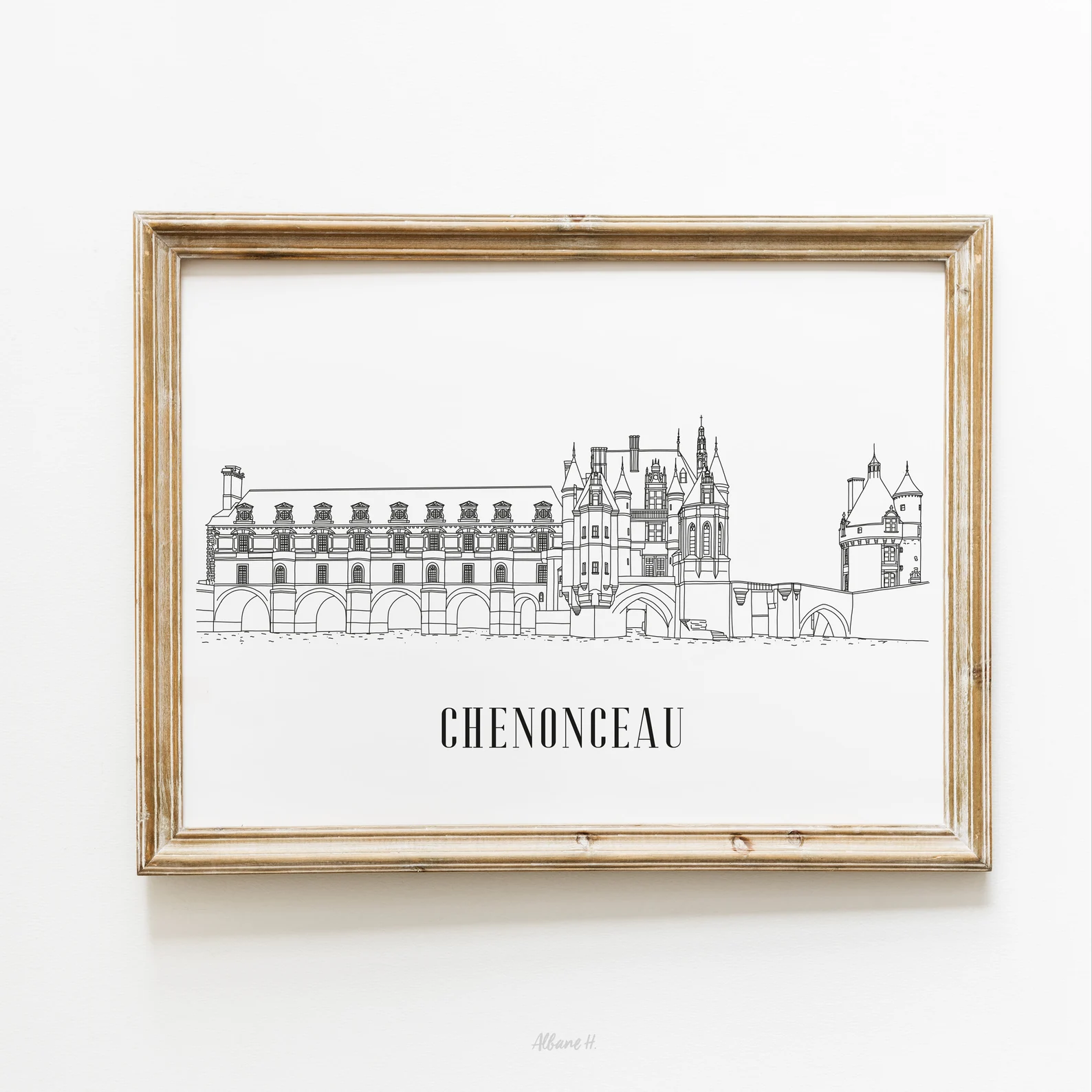 Affiche noir et blanc Chenonceau Centre Val de Loire souvenirs 100% made in France idées cadeaux produits régionaux Albane H illustration