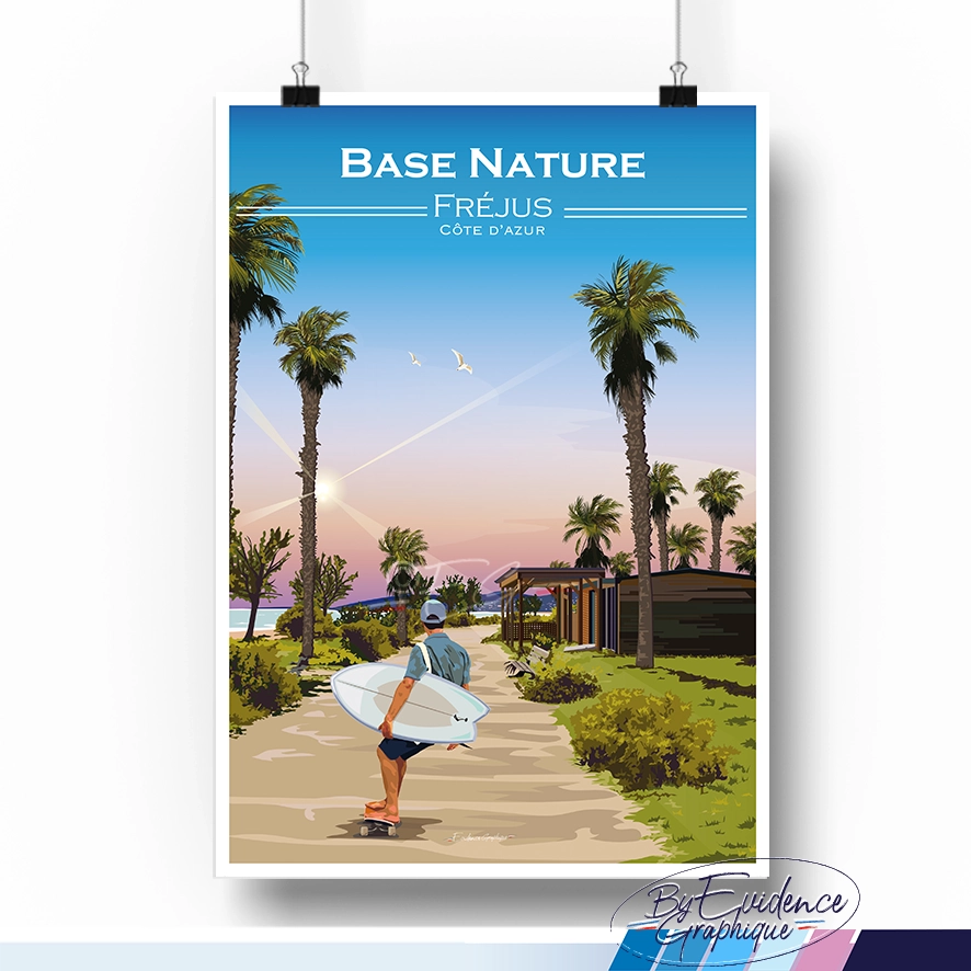 Affiche Fréjus surf base nautique Provence alpes côte d'azur évidence graphique illustratrice graphiste idée cadeau souvenirs décoration airbnb 100% made in france